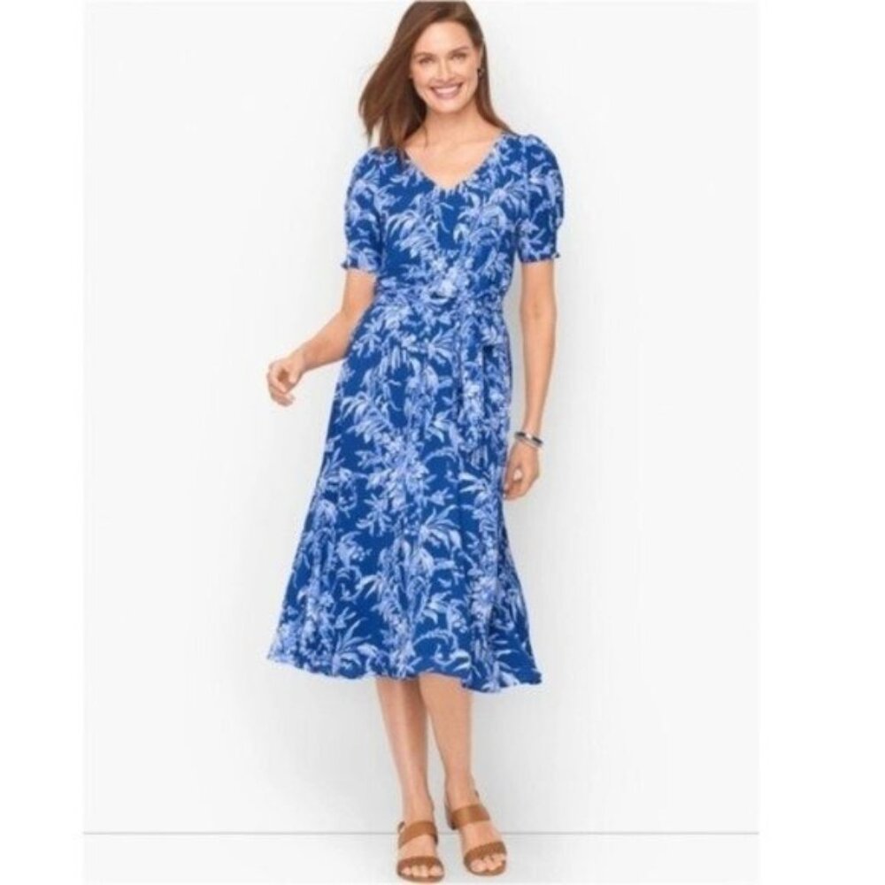 Talbots Blue Floral Etched Toile Smocked Fit and Flare Midi Dress